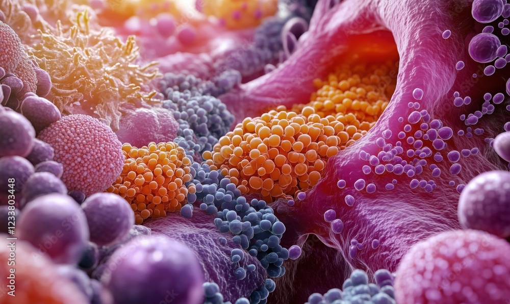 Poster microscopic view of cellular structures showcasing vibrant colors and intricate details of cells, or