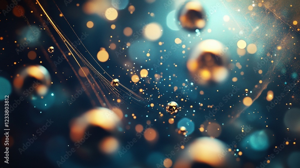 Poster abstract background with golden spheres and string-like elements on a blue background