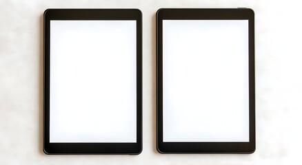 Two blank tablet screens, side by side, on a white background. No text or images, just the two blank tablets with black frames. Perfect for mockups and graphic design. 