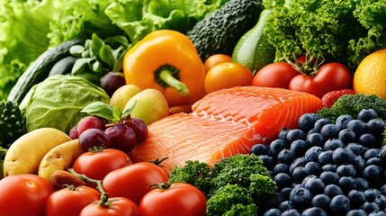 Fresh colorful vegetables fruits and salmon arranged in a vibrant still life composition