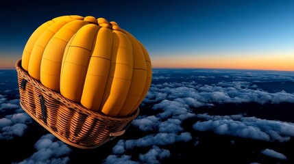 Obraz premium Golden Journey: A striking hot air balloon floats serenely above a sea of clouds, kissed by the warm hues of a dawn or dusk sky, evoking a sense of adventure and tranquility.