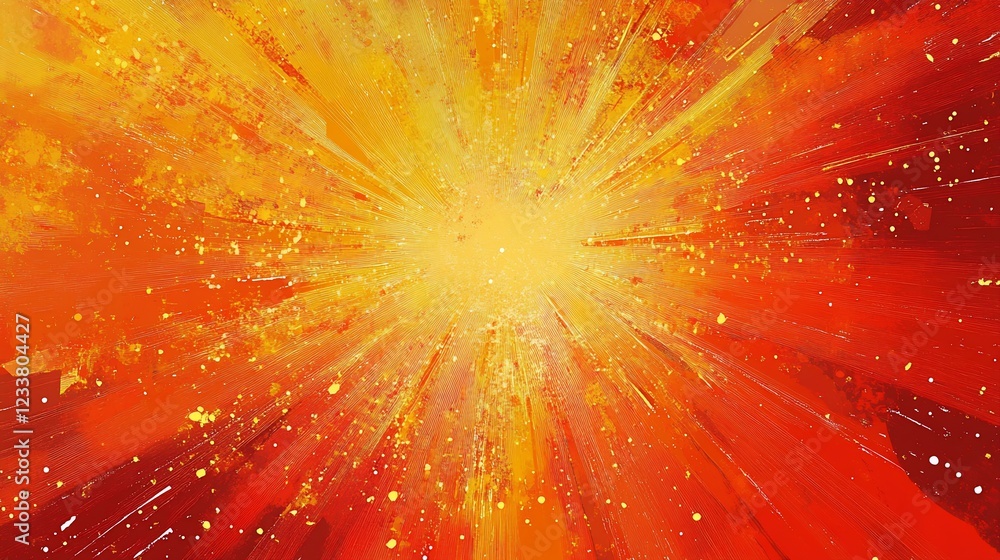 Poster abstract burst of warm colors with radiating lines and scattered spots on canvas like textures
