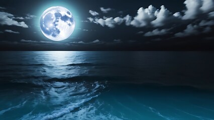 a full moon is shining over the ocean