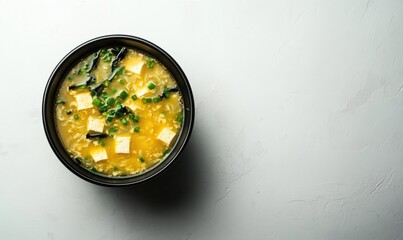 Delicious Miso Soup with Tofu, Seaweed, and Green Onions in Black Bowl