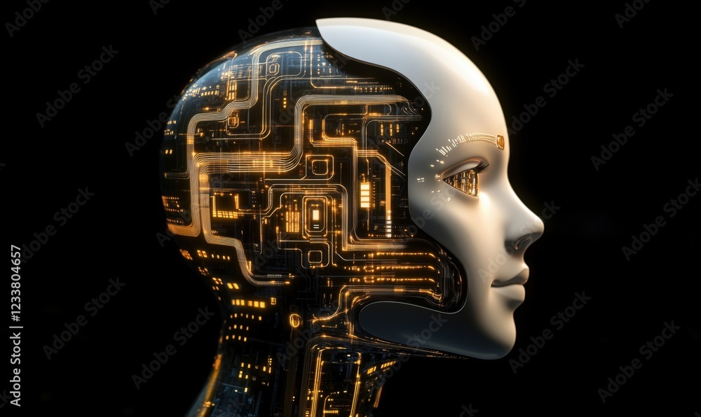 Poster futuristic humanoid robot head with intricate circuit patterns and glowing elements, showcasing adva