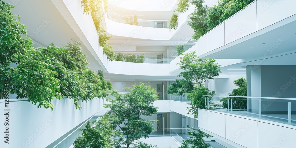 Poster modern architectural design featuring lush greenery in open atrium spaces