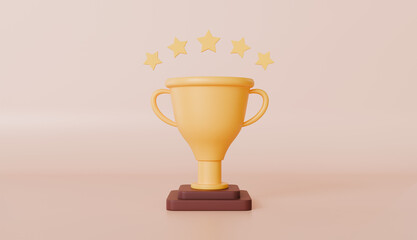 3D Render of Gold Trophy Cup with Five Stars Award Achievement Success Celebration Concept