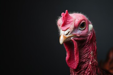 A rooster with a red head and a red beak, with ample copy space for text.