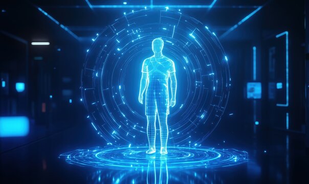 Holographic human figure surrounded by glowing digital patterns in futuristic environment