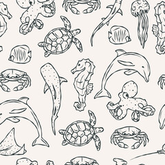 Hand drawn doodle sea animals seamless pattern
