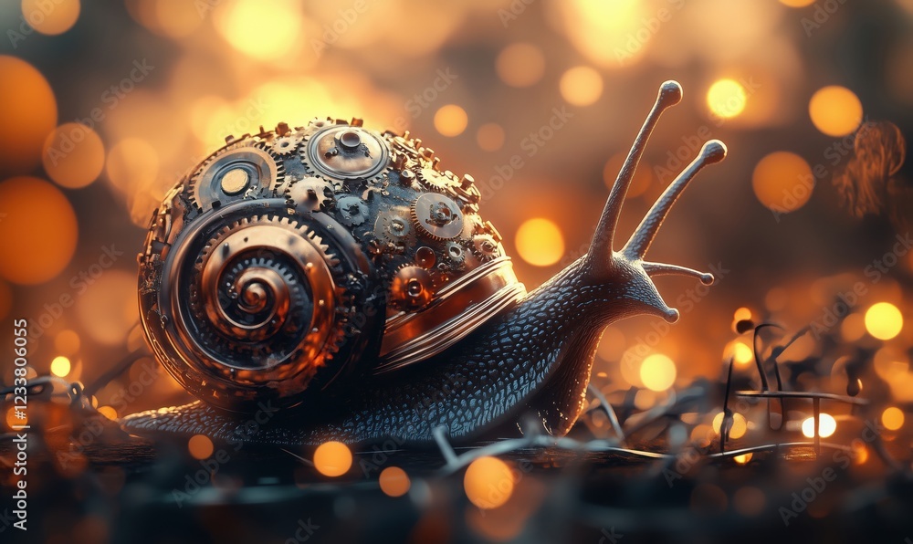 Poster mechanical snail with intricate gears and glowing bokeh background