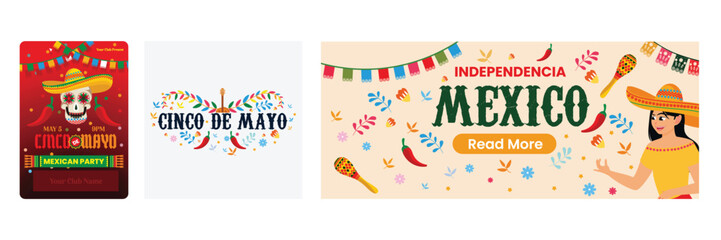 Festive designs celebrating Cinco De Mayo and Mexican Independence Day events.