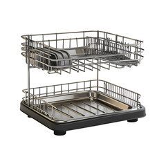Stainless Steel Dish Rack with Drainage Trays Isolated on Transparent Background