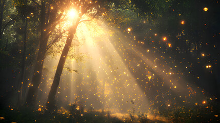 Sunlight filters through trees in a tranquil forest, creating a magical and serene atmosphere with floating particles. Generative AI