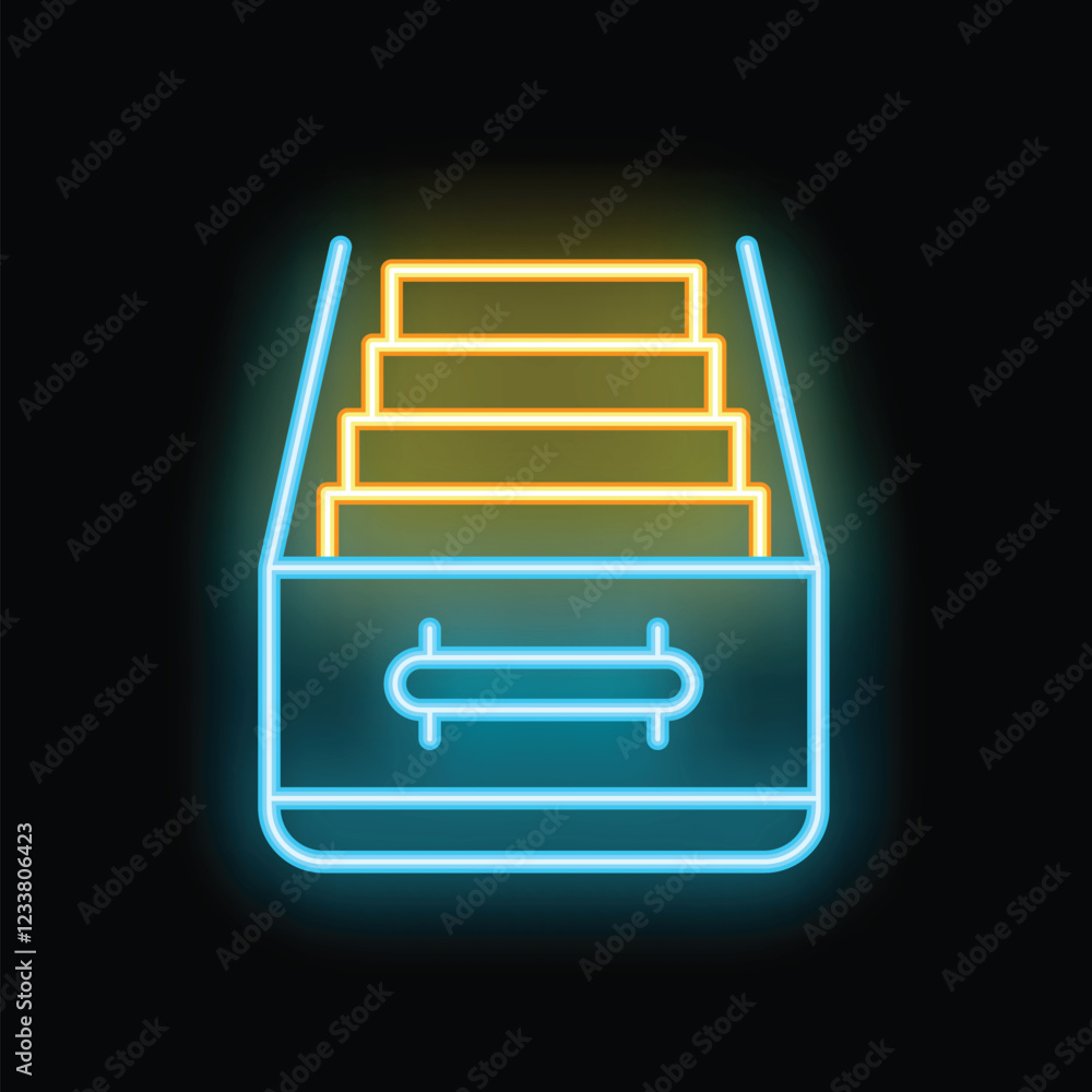 Poster neon glowing archive drawer icon with its top open showing files inside, isolated on a black backgro