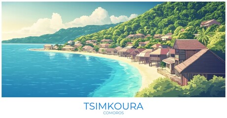 Tsimkoura Comoros Travel Poster Flat Illustration Print Decor Gift Canvas Wall Art