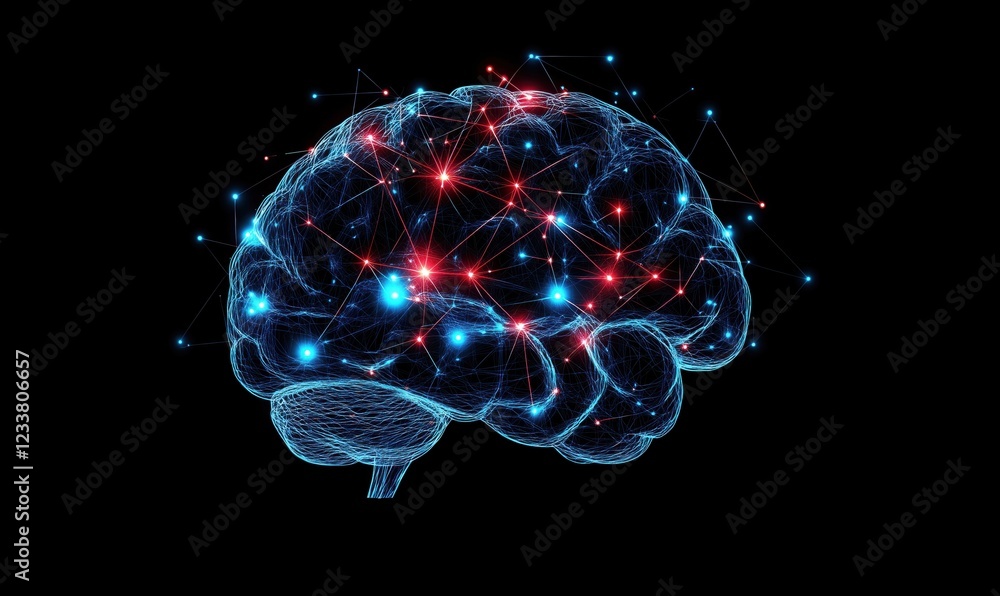 Poster neural network visualization with glowing connections in brain structure
