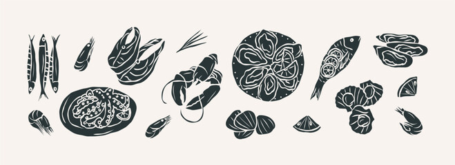 Flat vector seafood collection. Whimsical illustration   © Maria
