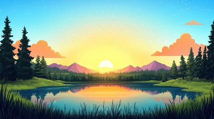 Fototapeta premium Serene Sunset Over Mountain Lake And Forest