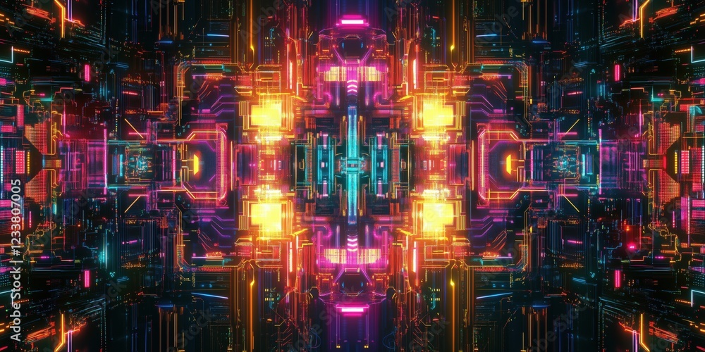 Poster futuristic digital abstract art with vibrant neon colors and intricate circuitry patterns