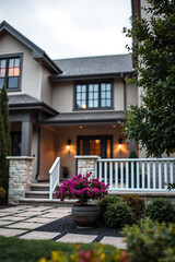 Luxury Home Exterior: Modern Architectural Design, Landscaping, and Garden. Real Estate Photography