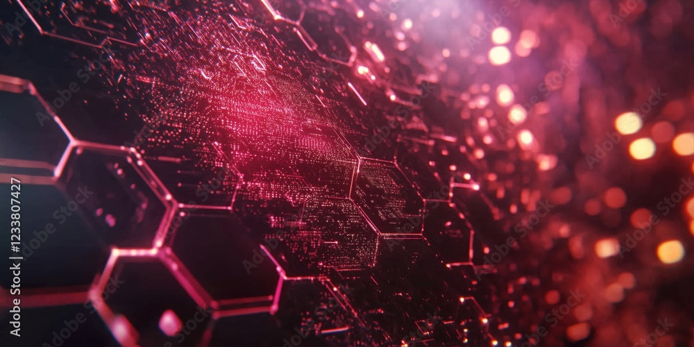 Poster abstract hexagonal pattern with glowing red lights and digital textures