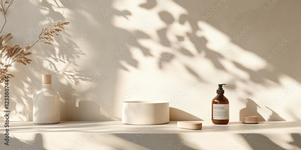Poster minimalist skincare display with natural elements and soft shadows
