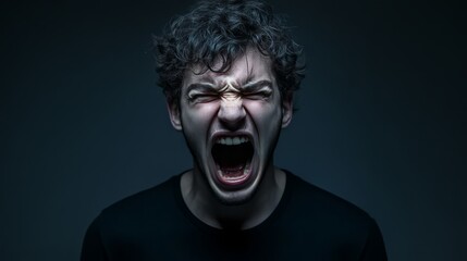 Fototapeta premium Intense Emotional Expression, A Young Man's Scream in Dim Light