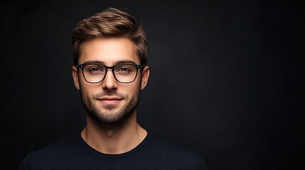 Fototapeta premium Crisp headshot of a tech professional wearing glasses positioned in front of a sleek matte black background