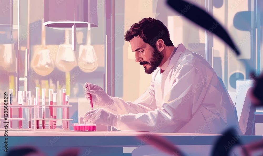 Poster laboratory researcher conducting experiments with test tubes and pipettes in modern lab environment