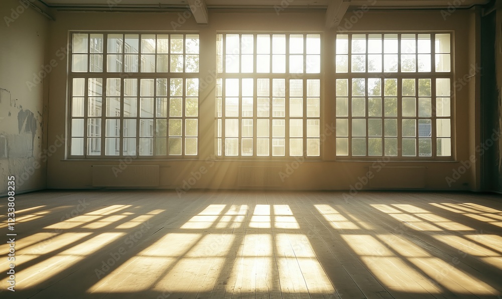 Poster sunlight streaming through large windows illuminating empty room with wooden floor