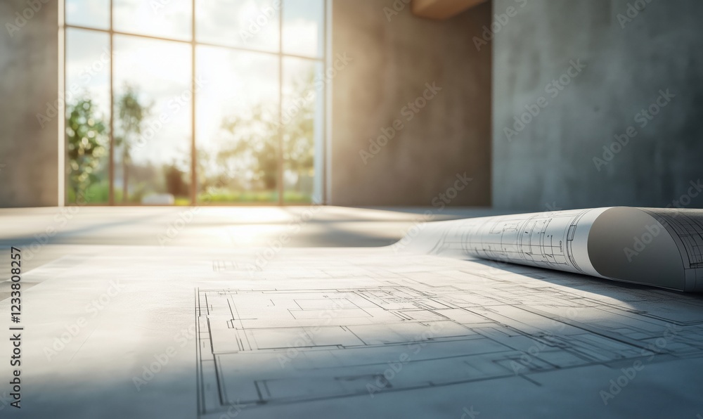 Poster architectural blueprint on floor with sunlight streaming through large windows