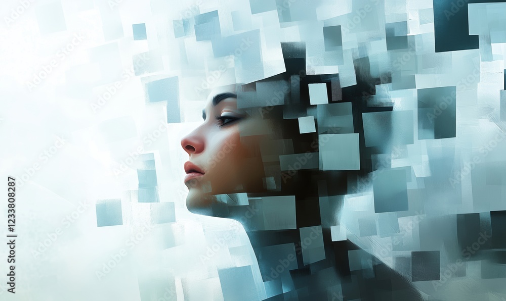 Poster abstract portrait of woman with fragmented digital elements representing identity and perception