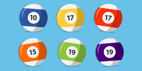billiard balls icon set for various sports games, realistic vector illustration set. Exercising inventory for sportsmen flat objects 