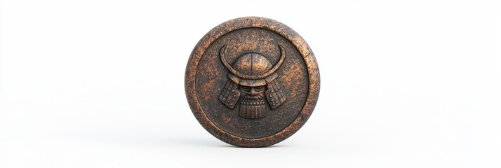 Ancient Japanese coin featuring samurai symbol, showcasing intricate design and aged texture