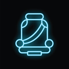 Blue neon icon of a baby car seat glowing on a black background