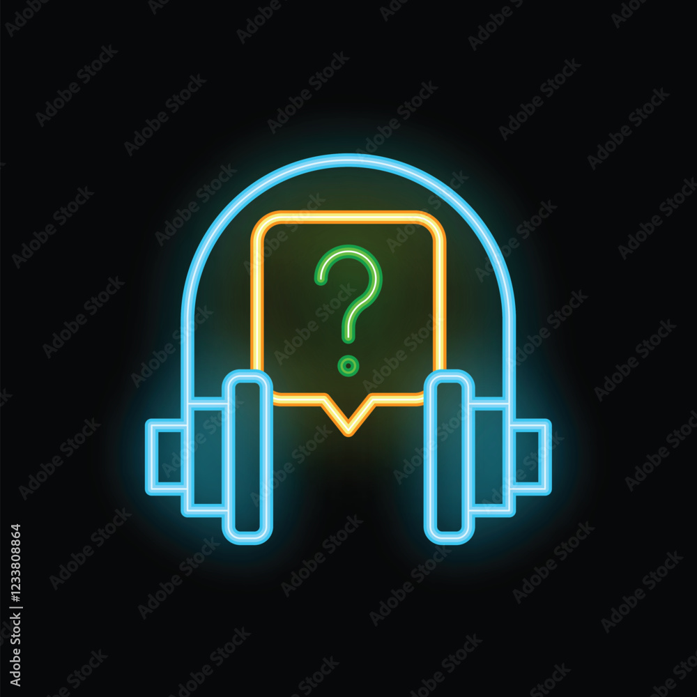 Poster glowing neon headphones with question mark are representing concept of online support, availability,