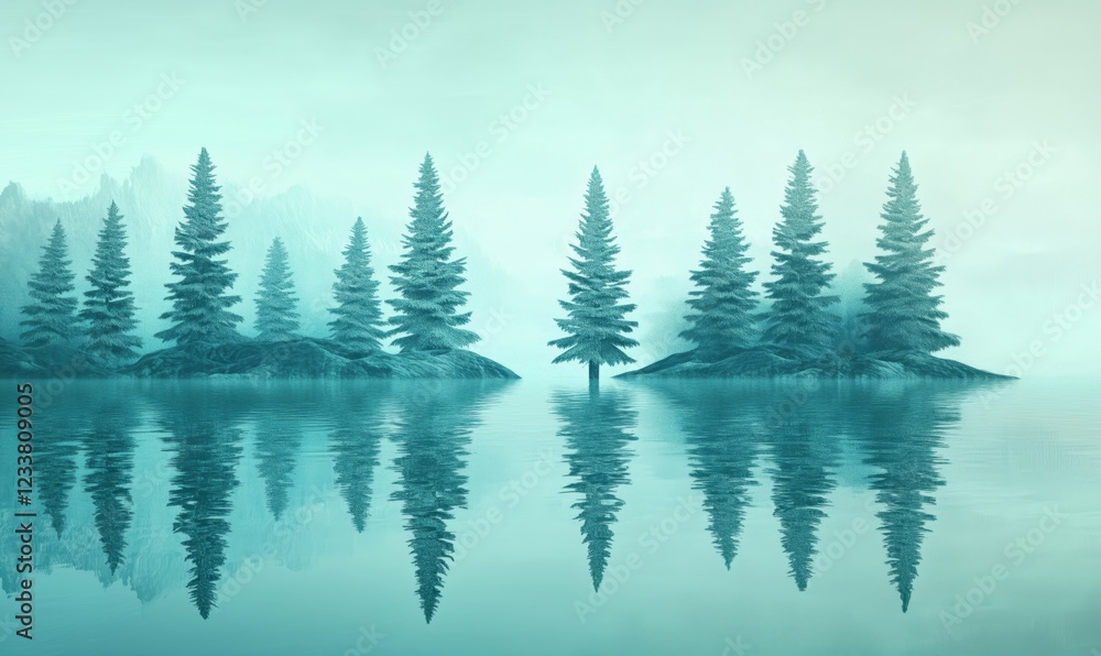 Poster serene reflection of pine trees in tranquil lake with misty mountains in background