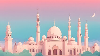 Obraz premium Stylized illustration of a grand mosque at sunset, featuring multiple minarets and domes under a crescent moon.