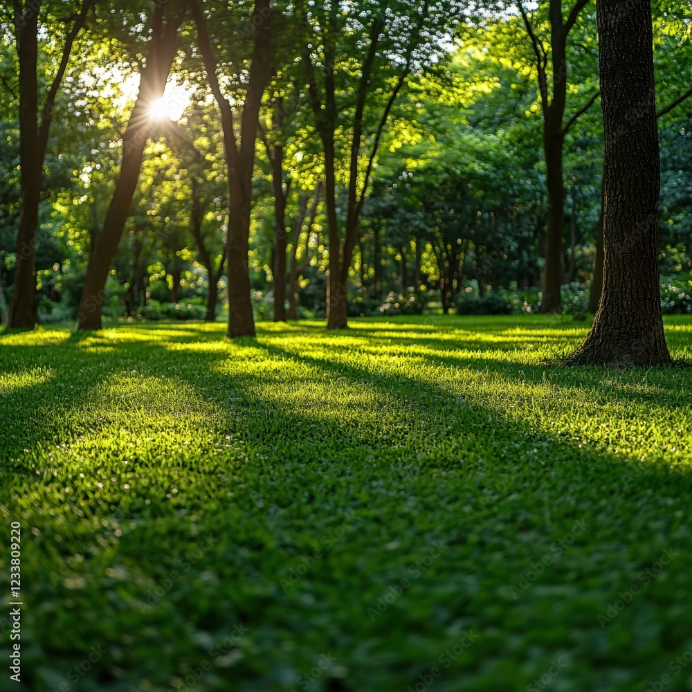 Poster sunlight filtering through trees casting shadows on green grass in a peaceful forest scene