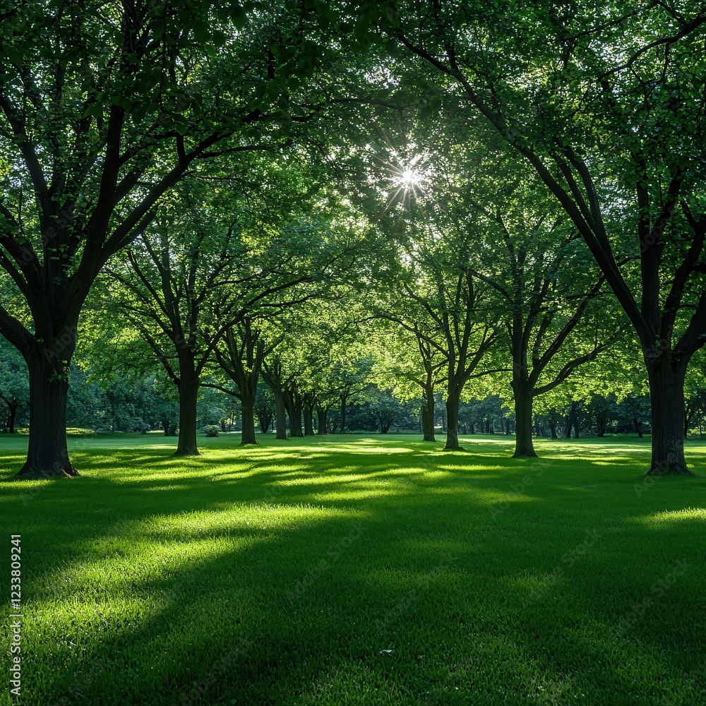 Poster sunlight filtering through green trees in a park casting long shadows on lush grass