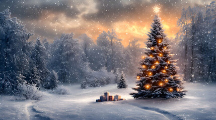 A Christmas morning where the snow outside glows softly in the dawn light, casting a peaceful, ethereal glow on the gifts under the tree