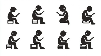 A stick figure man is shown in various poses while reading a book, illustrating different stages of learning and studying.
