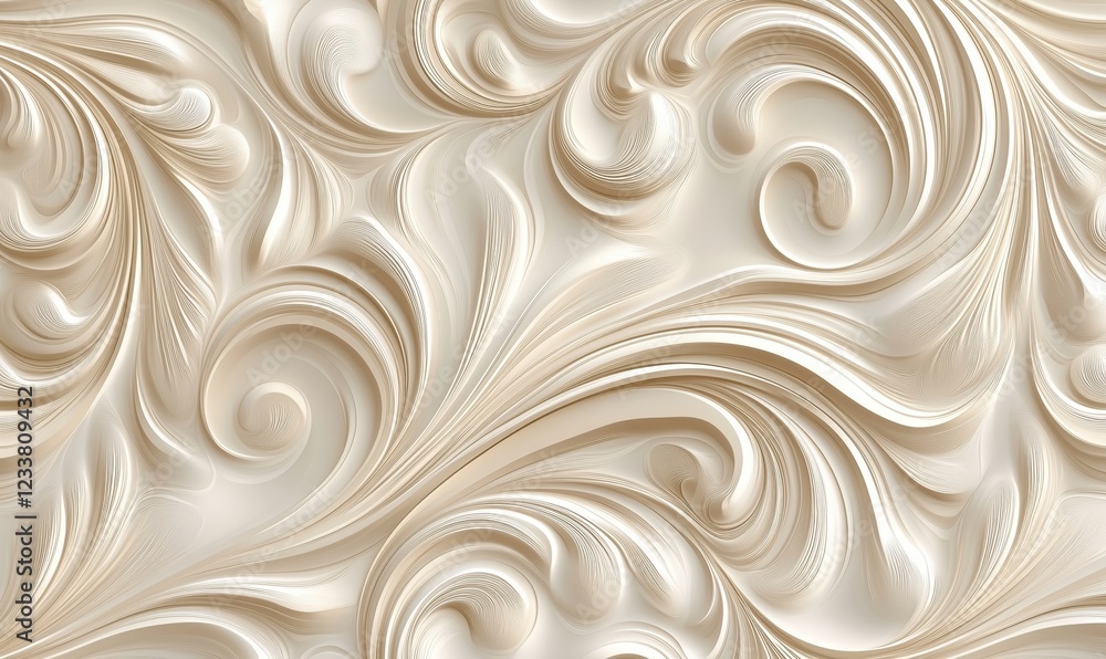 Poster elegant swirls and curves in creamy beige texture, showcasing intricate patterns and flowing designs