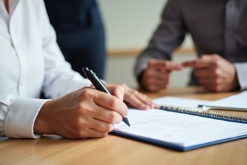 Collaborative Business Meeting: Professionals Engaged in Strategy Discussion and Decision-Making with Focus on Documentation and Planning in Modern Office Setting