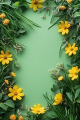 Yellow floral frame on green background with leaves and grass for spring or summer design