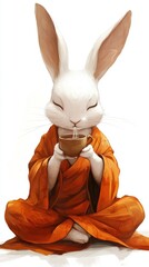 Serene White Rabbit Monk Sipping Tea Meditative Pose