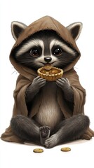 Fototapeta premium Adorable Raccoon Wearing a Brown Hood Eats a Tart
