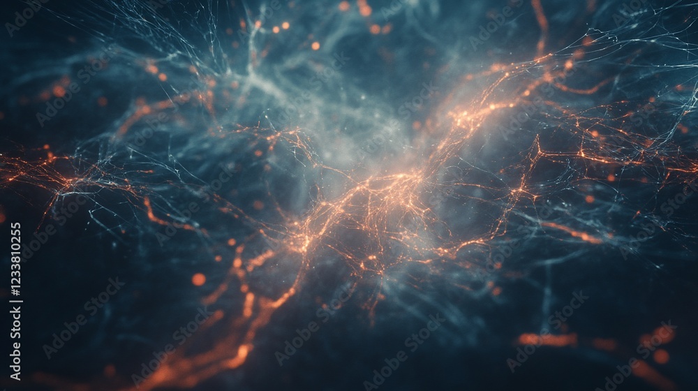 Poster abstract glowing network of interconnected lines and points with a dark blue backdrop