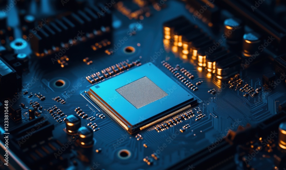 Poster microprocessor on circuit board with blue and orange lighting, high-tech electronics close-up